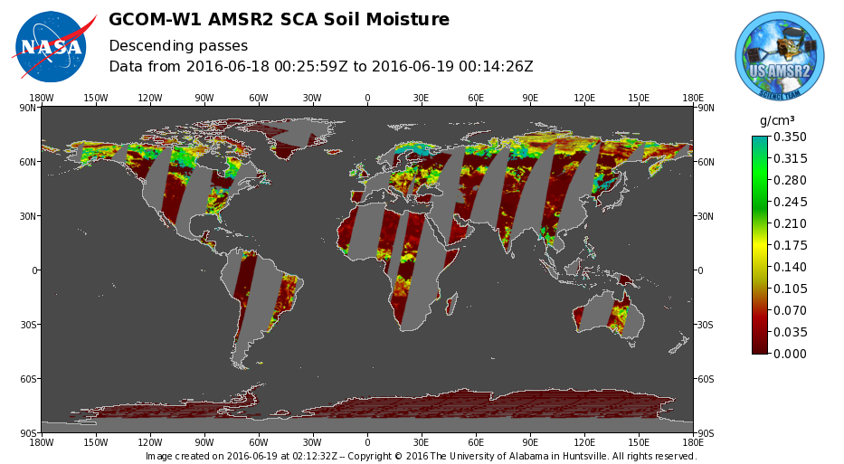 LANCE AMSR2 Soil Moisture browse image from June 18-19, 2016