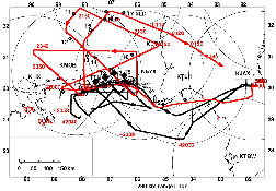 Flight tracks, dropsonde, and tower locations for landfall and post-landfall missions