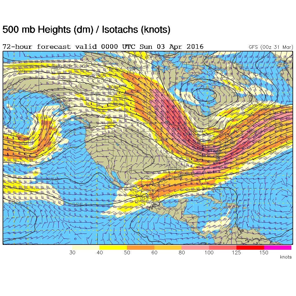 500 mb Heights (dm) / Isotachs (knots)