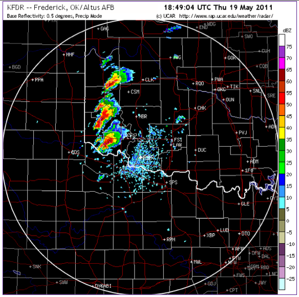 Supercells along the SW Oklahoma/Northern Texas border radar image. 