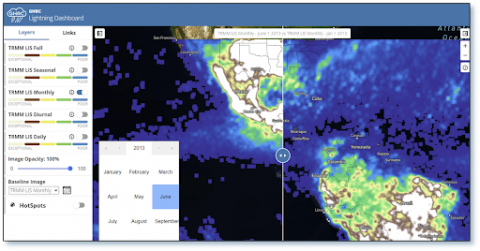 Tropical Rainfall Measuring Mission (TRMM) Lightning Imaging Sensor (LIS) slider tool comparing June (left)  and January (right) flash densities. 